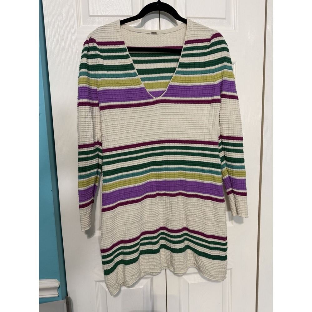 Free‎ People Size Small Sweater Dress Ivory Gidget Stripped Ribbed Retro Printed